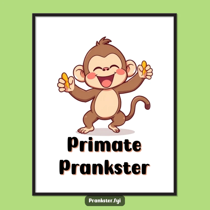 Funny Kawaii Monkey Poster Gleefully Throwing Banana Peel - Wall Art Humor