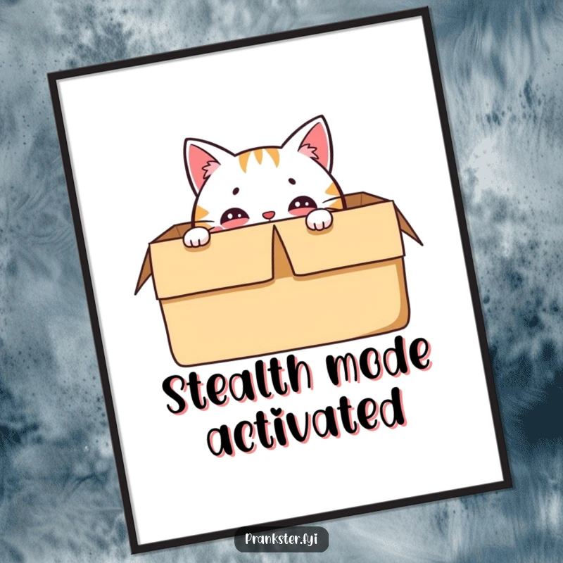 Funny poster print of a delighted cat character hiding in a box, with only its eyes visible.