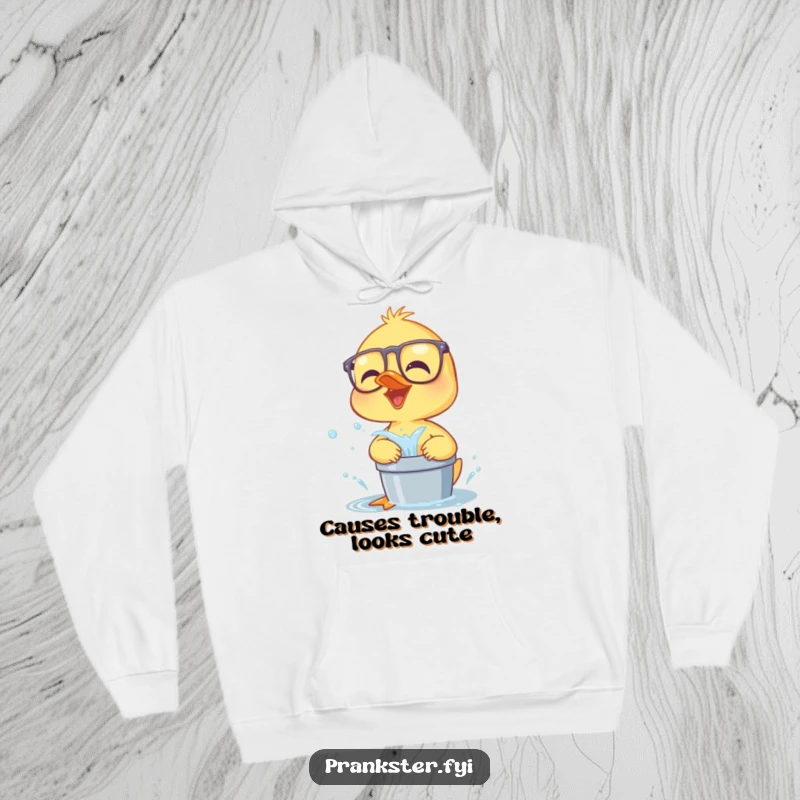 Funny, giggling duckling wearing glasses, about to throw a bucket of water, creating a humorous and cozy hoodie design.