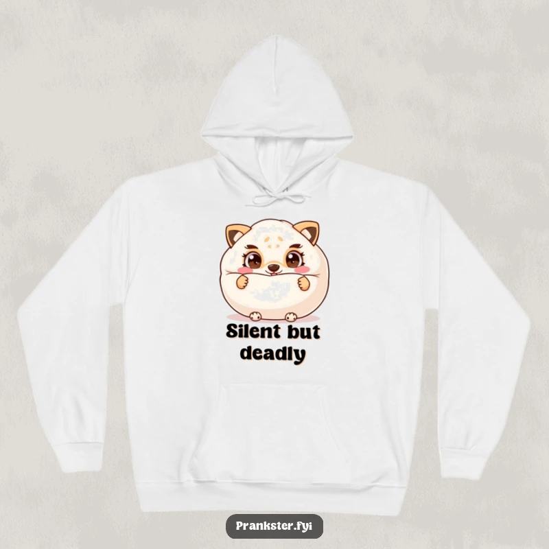 Funny hoodie showing a cheeky animal hiding behind a whoopee cushion, eyes gleaming with mischief, ready for some fun.