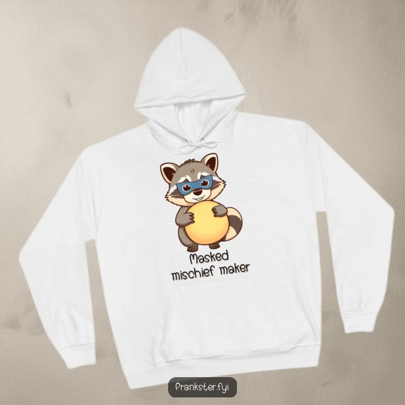 Funny raccoon whoopee hoodie, mischievous masked raccoon holding a whoopee cushion, cozy and humorous apparel, ideal funny gift.