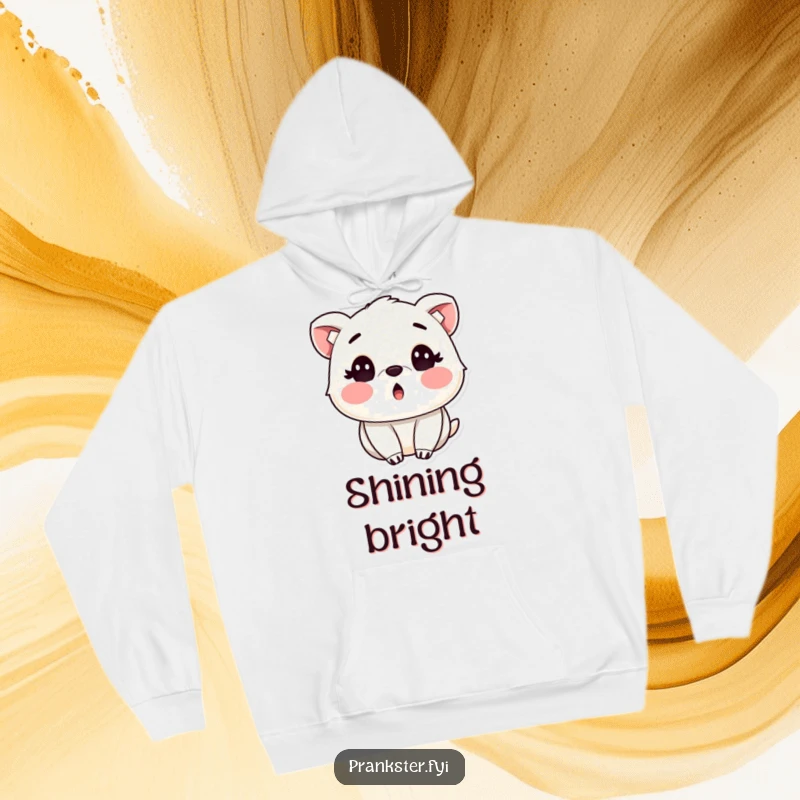 Funny hoodie showing a surprised animal with rosy cheeks, covered in harmless glitter, perfect for cozy and sparkly moments.