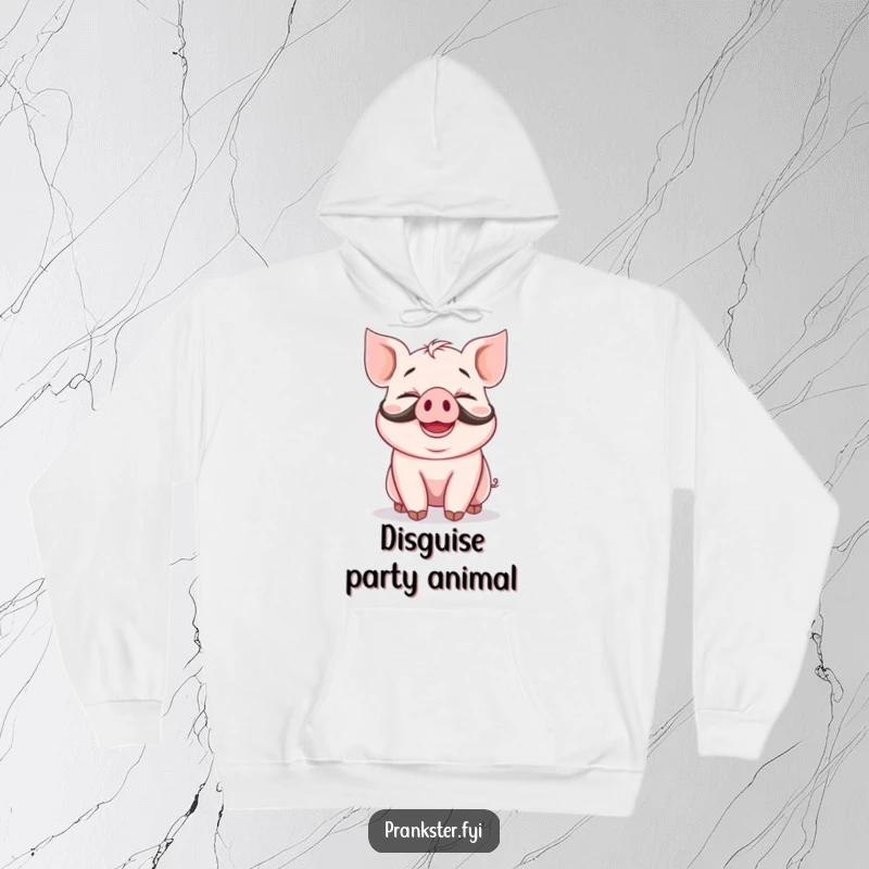 Funny hoodie with a giggling piglet, complete with a fake mustache and a silly, infectious grin, perfect for cozy amusement.