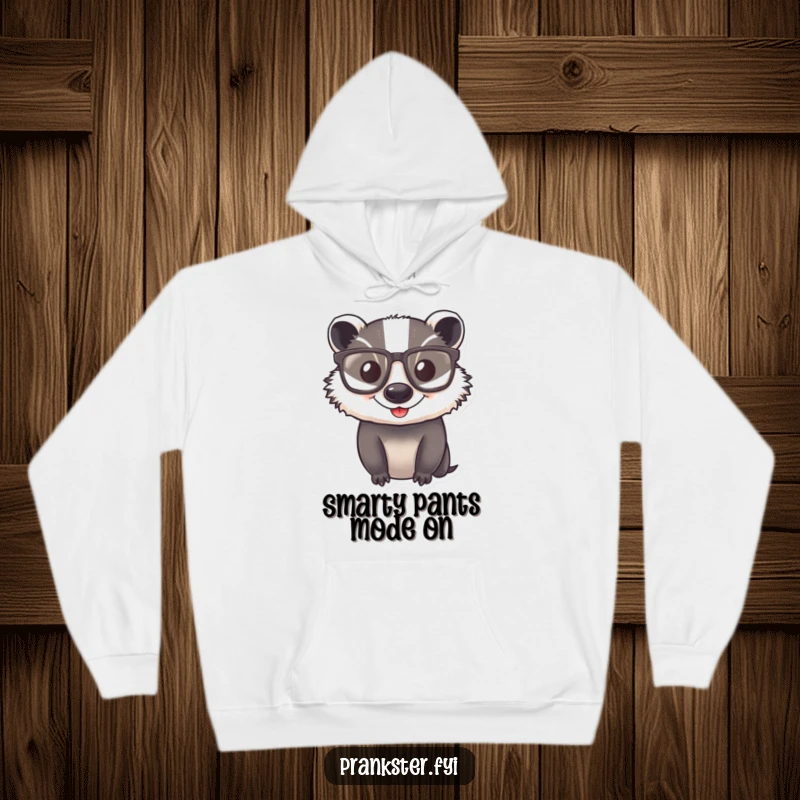 Funny Hoodie featuring a happy badger with oversized, comical glasses, combining warmth with witty style.