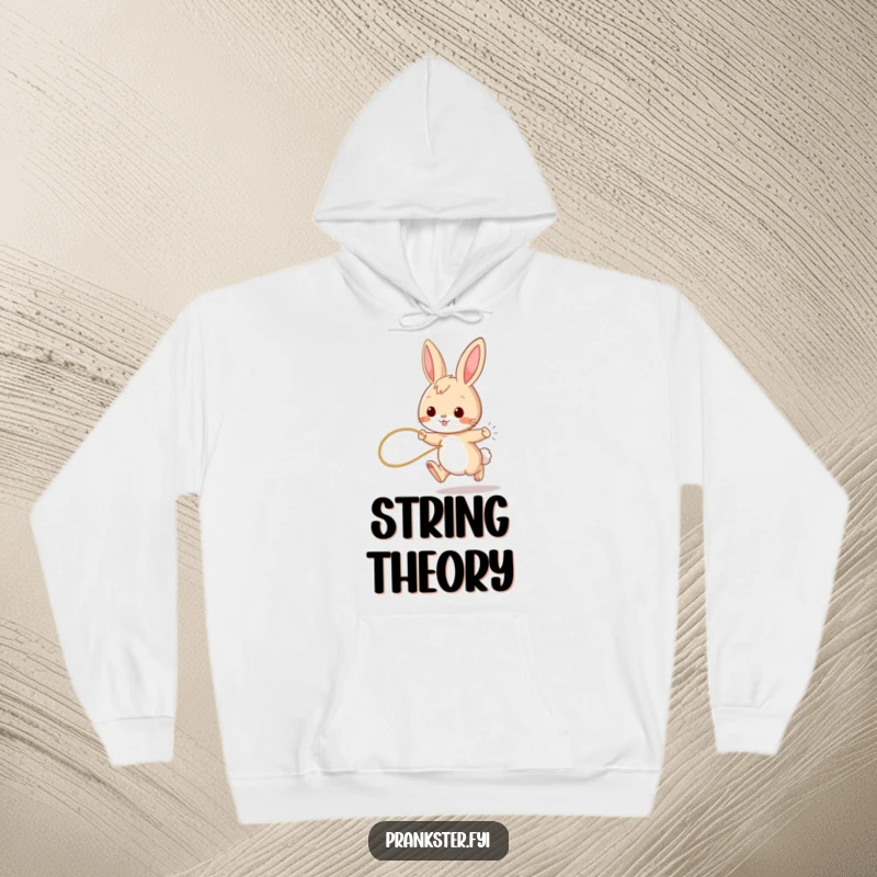 Funny bunny hoodie, cozy sweatshirt with a playful rabbit hopping, string tied to tail, ideal for a funny gift.