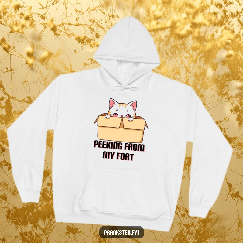 Funny hoodie featuring a delighted cat character hiding in a box, with only its eyes visible.