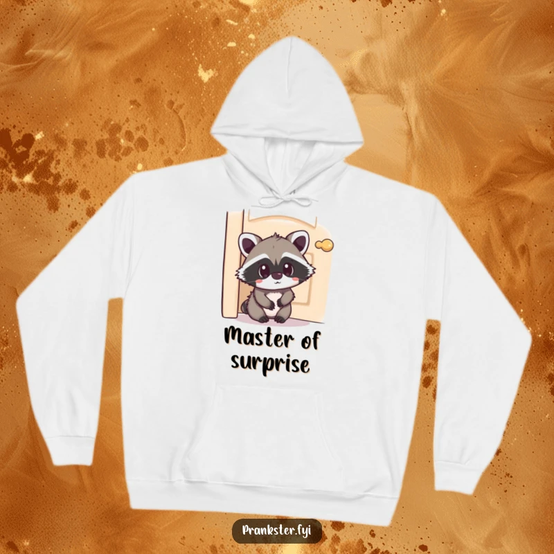 Funny Kawaii Raccoon Hoodie playfully hiding behind a door with a surprised expression, offering cozy comfort and a touch of humorous mystery.
