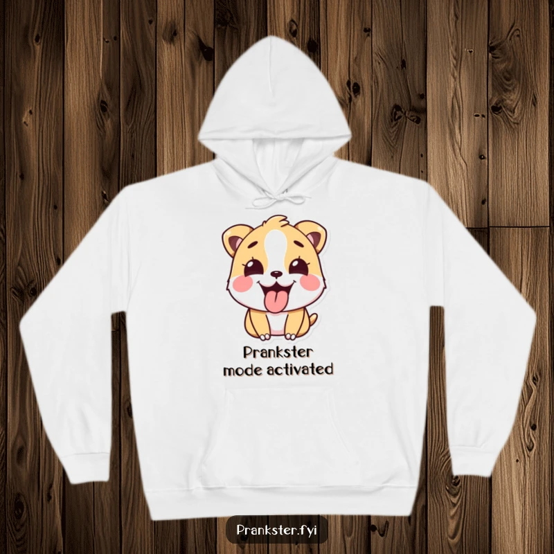 Funny Hoodie featuring a happy animal sticking its tongue out playfully after a prank, an ideal funny gift.