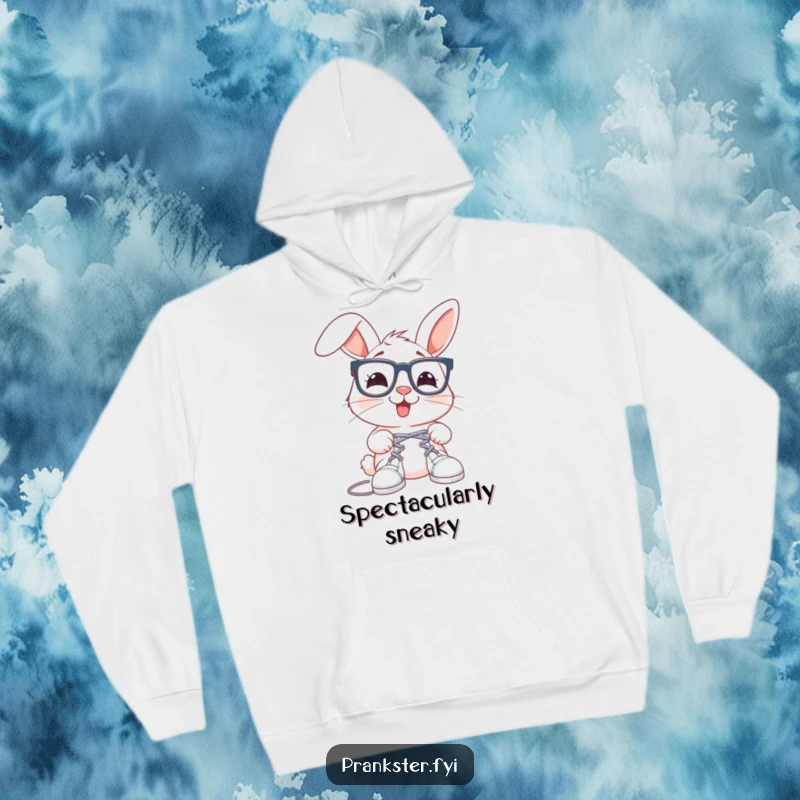 Funny rabbit hoodie featuring oversized spectacles, about to tie shoelaces together, warm and humorous.