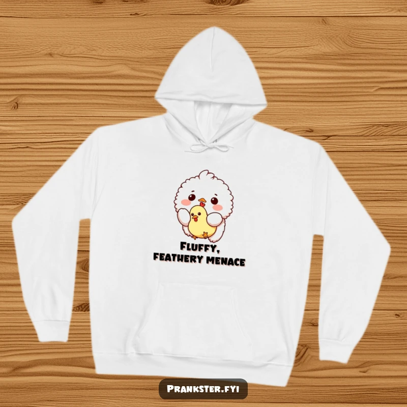 Funny hoodie depicting a small fluffy creature dropping a tiny rubber chicken, perfect for staying warm and embracing a humorous, whimsical vibe.