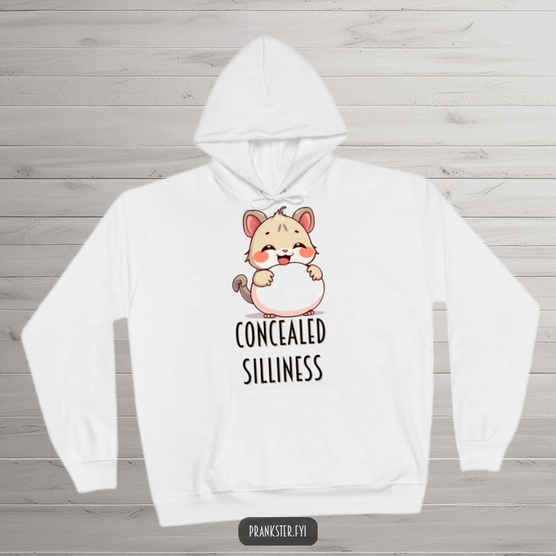 Funny hoodie depicting a giggling creature concealing a whoopee cushion behind its back, ideal for staying warm and spreading humorous vibes.