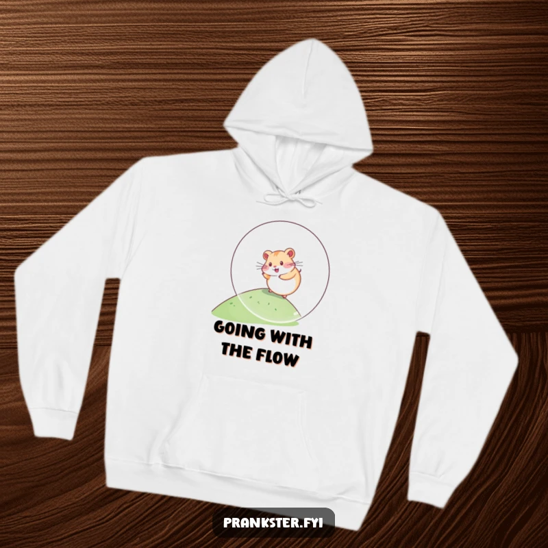 Funny Kawaii Hamster Hoodie rolling down a hill inside a giant plastic ball, offering cozy comfort and adorable humor for pet enthusiasts.