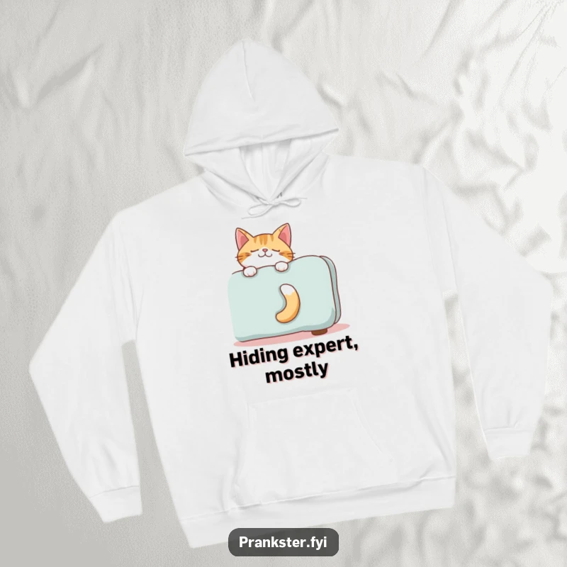 Funny hoodie showing a giggling cat's tail from behind a sofa, conveying playful concealment and cozy humor.