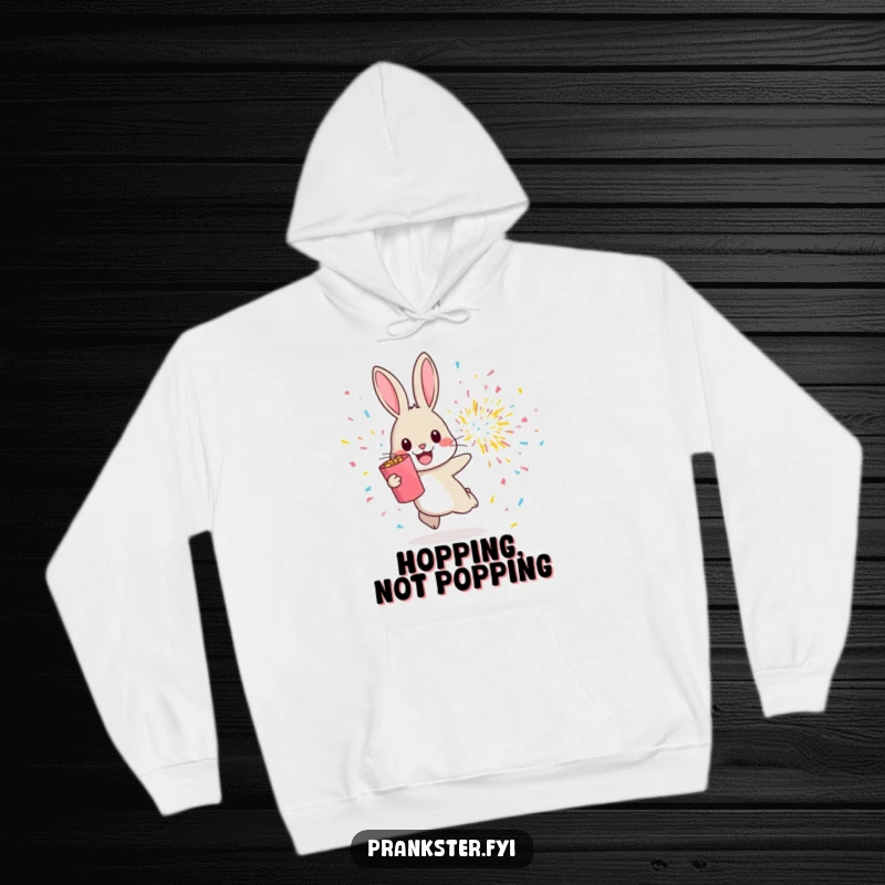 Funny hoodie depicting a cheerful rabbit hopping away from an exploding confetti popper, symbolizing festive fun.