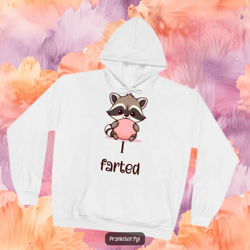 Funny hoodie showcasing a proud raccoon character holding a whoopee cushion, offering warmth and a humorous nod to practical jokes.