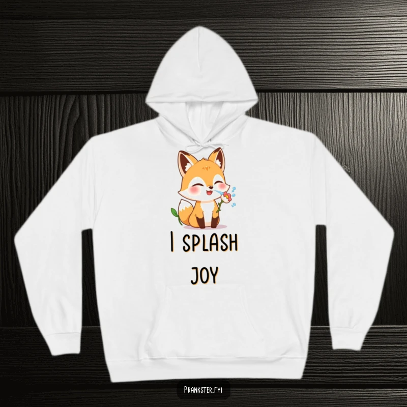 Funny fox hoodie with a giggling character playfully winking while squirting water from a flower, a cozy design.