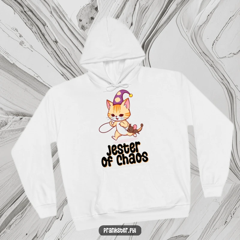 Funny jester cat hoodie featuring a cat in a hat tripping a mouse with a string, warm and humorous design.
