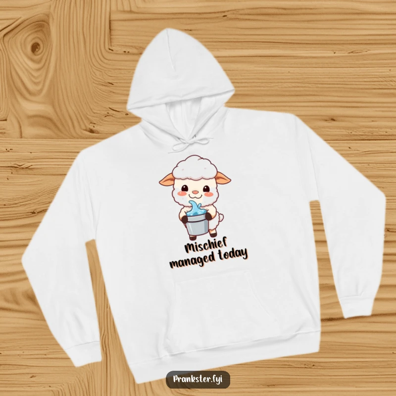 Funny Kawaii Sheep Hoodie: A mischievous sheep grins, holding a bucket of water, offering cozy and humorous prankster vibes.