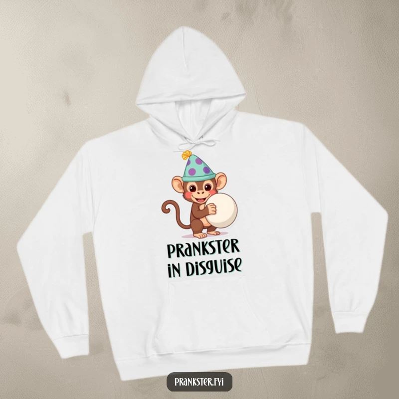Funny monkey wearing a silly hat, hiding a whoopee cushion behind its back, featured on a warm and cozy hoodie.