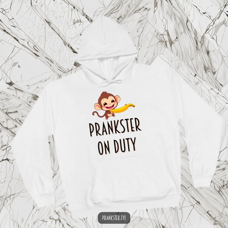 Funny Monkey Hoodie featuring a mischievous monkey throwing a banana peel, grinning, cozy and playful, perfect gift.