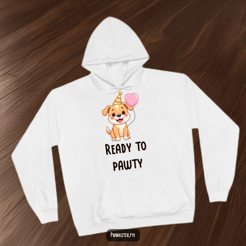 Funny hoodie featuring a happy dog wearing a party hat and holding a balloon, perfect for festive occasions.