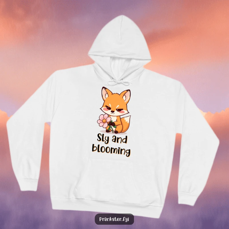 Funny hoodie depicting a sly fox wiggling its eyebrows and holding a fake flower, symbolizing cunning charm.