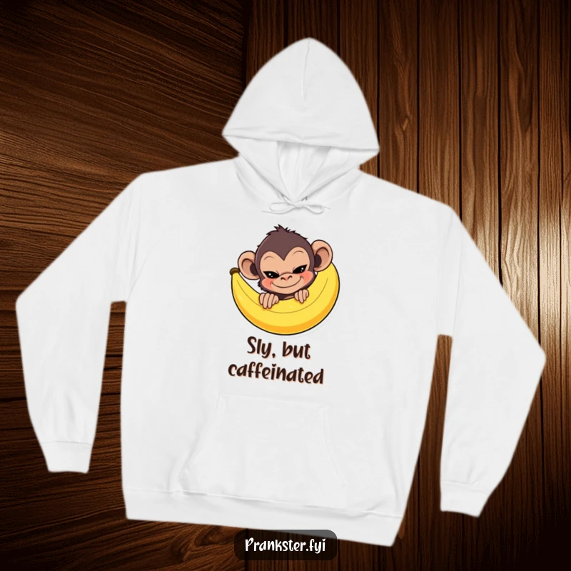 Mischievous monkey peeking from behind a large banana peel with a sly grin, featured on a comfortable and funny hoodie.
