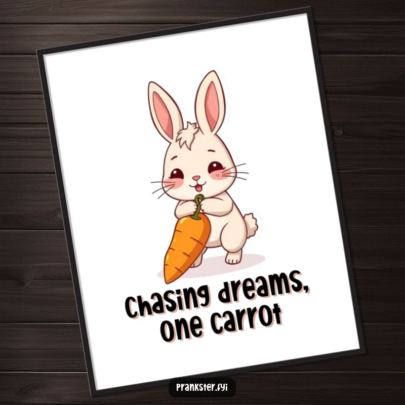 Funny Free Printable Wall Art: Mischievous rabbit pulling a very long string attached to a juicy carrot, perfect for a playful space.