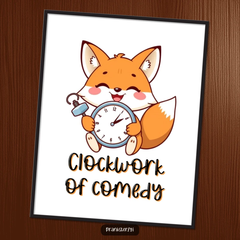 Funny free printable wall art of a cheerful fox with a wide grin, winking while setting a tiny ticking clock.