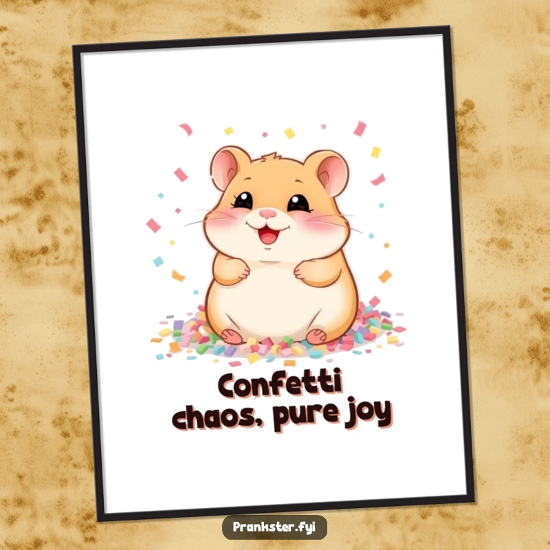 Hilarious Free Printable wall art of an ecstatic hamster giggling amidst a joyful explosion of colorful confetti, perfect for any room.
