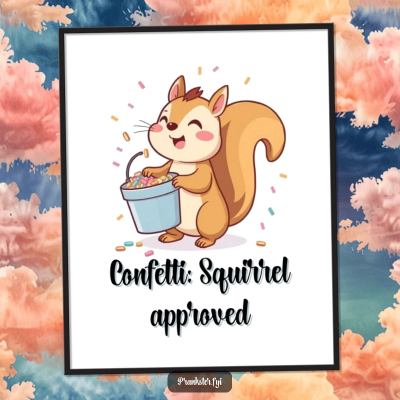 Funny Free Printable Wall Art: A playful squirrel character ready to toss a bucket of confetti upwards, creating a celebratory vibe.