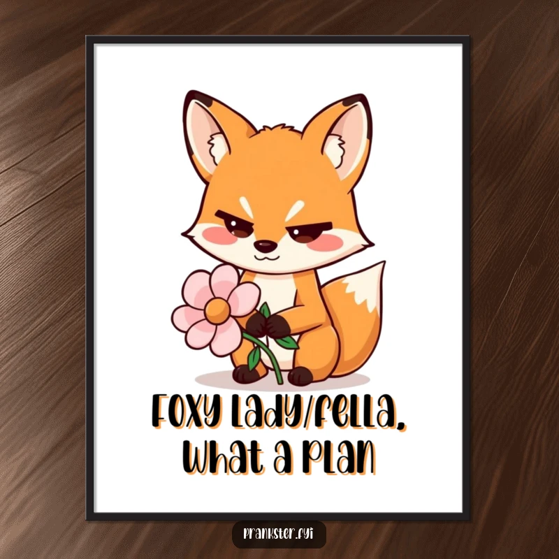 Funny Free Printable Wall Art: Sly fox wiggles its eyebrows while holding a fake flower, adding a whimsical touch.