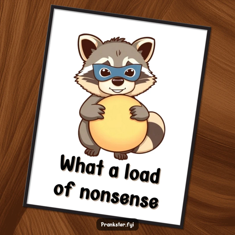 Funny free printable wall art of a mischievous raccoon wearing a mask, holding a whoopee cushion, adding a humorous touch to decor.