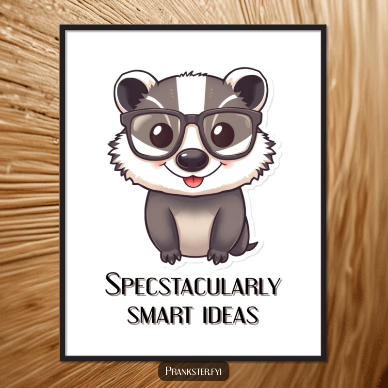 Hilarious Free Printable wall art of a charming badger wearing oversized, comical glasses, exuding an air of quirky intelligence.