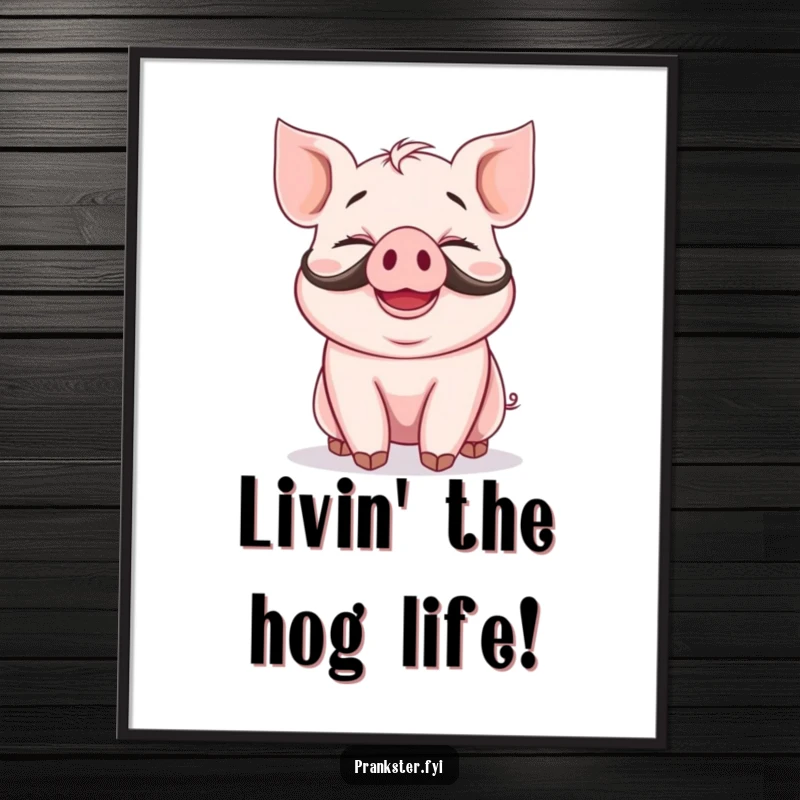 Funny Free Printable Wall Art: A cheerful piglet with a fake mustache and a big, silly grin, full of joy.