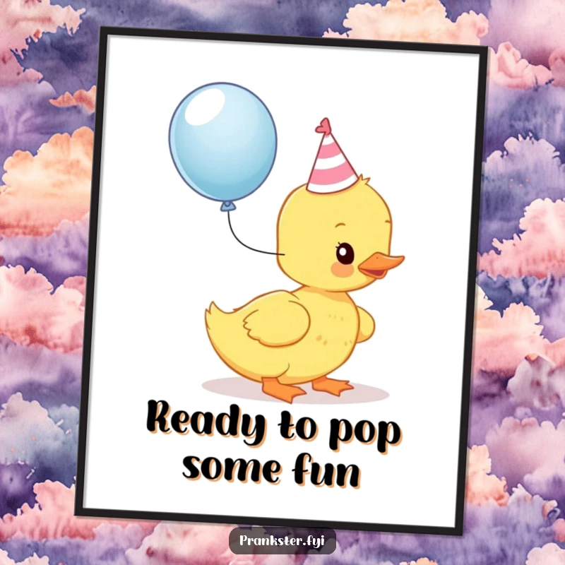 Funny Free Printable Wall Art: Kawaii duckling with a party hat, ready to pop a balloon. Whimsical and humorous downloadable art.