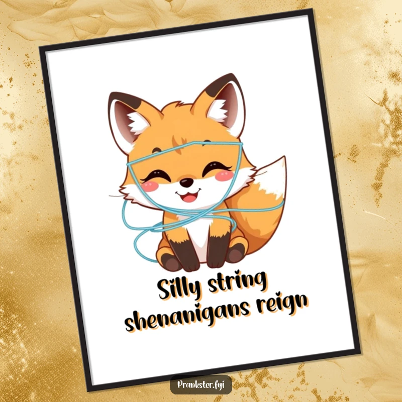 Hilarious Free Printable wall art of a cheerful fox cub playfully covered in vibrant silly string, radiating pure, unadulterated fun.
