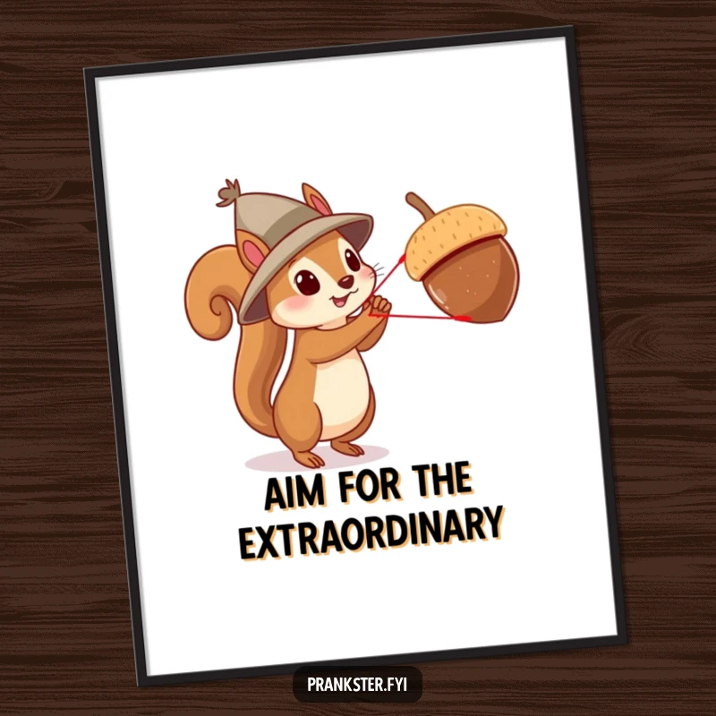 Funny free printable wall art of a squirrel in a tiny hat using a slingshot to launch a large acorn, a dynamic and humorous piece.