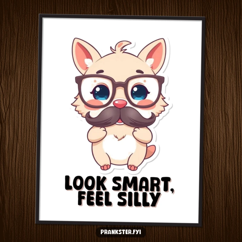 Funny Free Printable Wall Art depicting a delighted animal character wearing oversized glasses and holding a fake mustache playfully.
