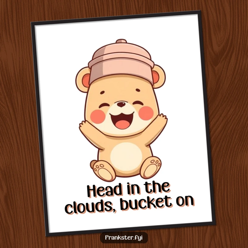 Funny Free Printable Wall Art: A cheerful bear cub wearing a bucket on its head, captured mid-giggle, bringing whimsical decor.