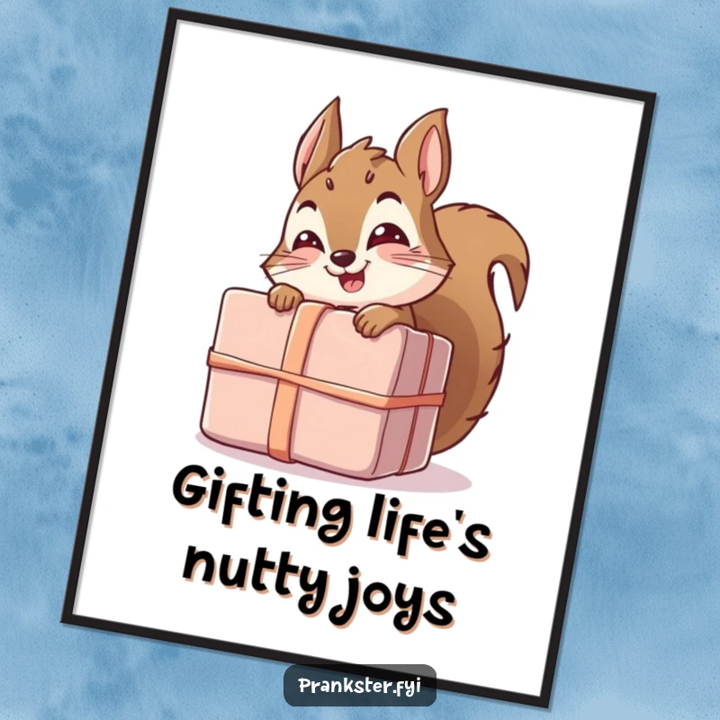 Funny Free Printable Wall Art: Giggling squirrel peeking from behind a large unwrapped gift, playful decor.