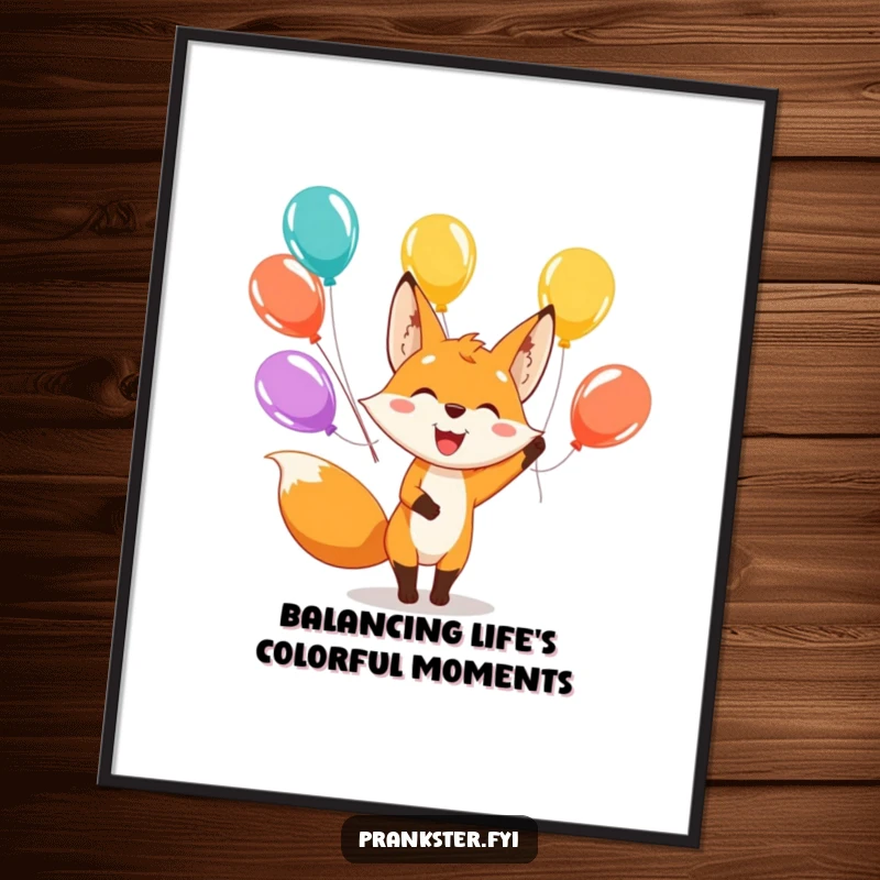 Funny Free Printable Wall Art: Happy fox with a wide smile juggles bright, colorful balloons.