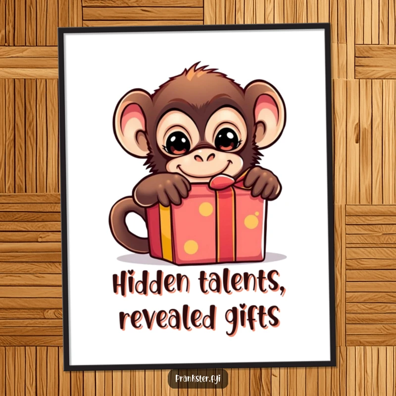 Funny Free Printable Wall Art: A mischievous monkey peeking from behind a large, colorful gift box, full of personality.