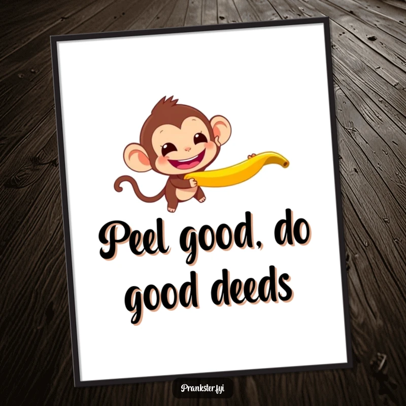 Funny Free Printable Wall Art: A mischievous monkey with a wide, cheeky grin tosses a banana peel with playful abandon.