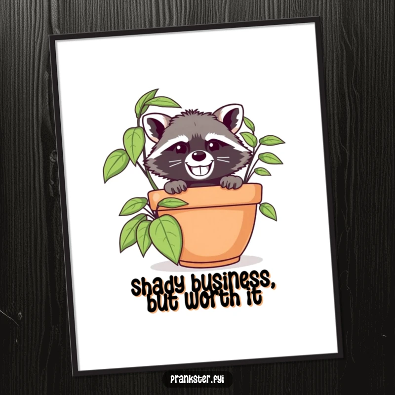 Funny Free Printable Wall Art: Grinning raccoon in disguise peeking from behind a large potted plant, whimsical decor.