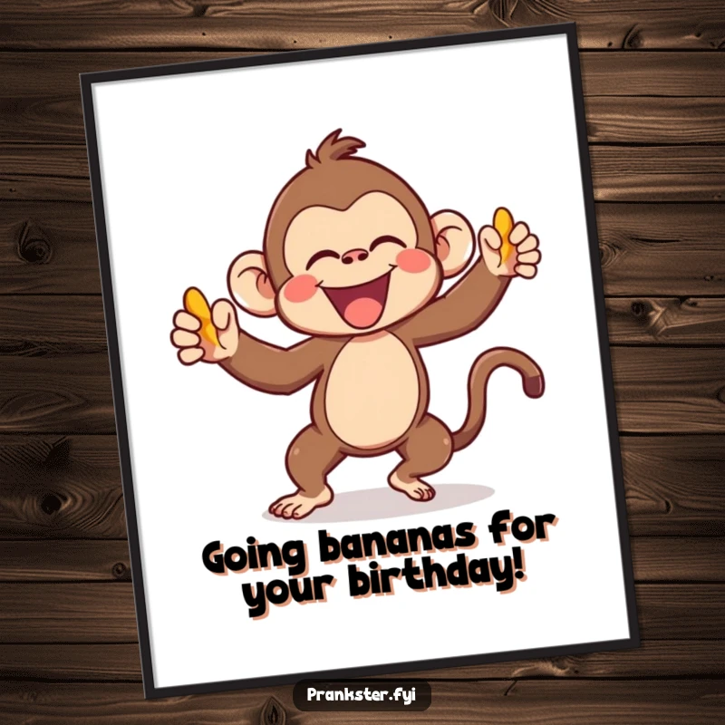 Funny Free Printable Wall Art depicting a kawaii monkey gleefully throwing a banana peel, a humorous piece of downloadable art.