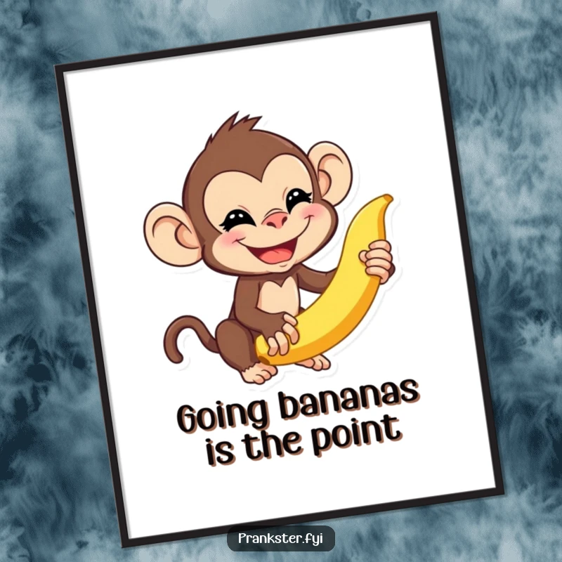 Funny Free Printable Wall Art: A playful monkey grinning mischievously, about to flick a banana peel, downloadable.