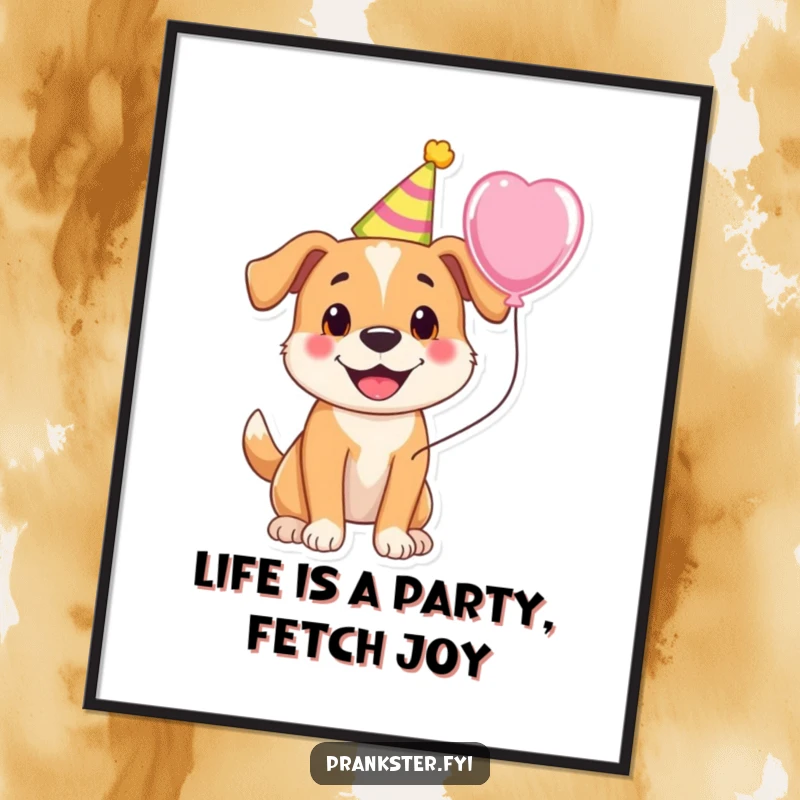 Funny Free Printable Wall Art: A cheerful dog wearing a party hat and holding a balloon, radiating pure joy.