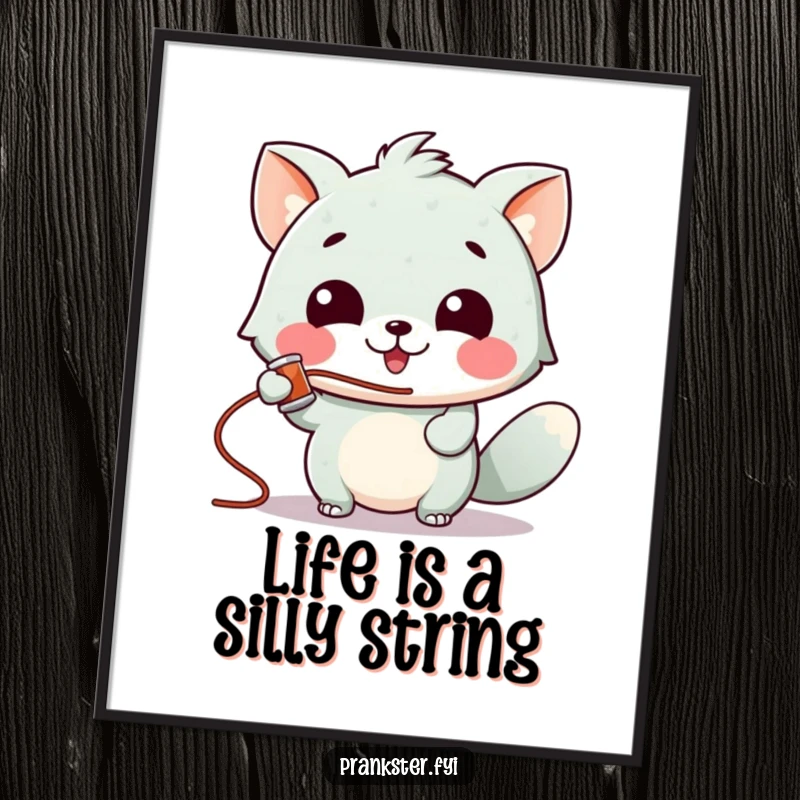 Funny Free Printable Wall Art of a playful animal character gleefully using a silly string can, creating a festive atmosphere.