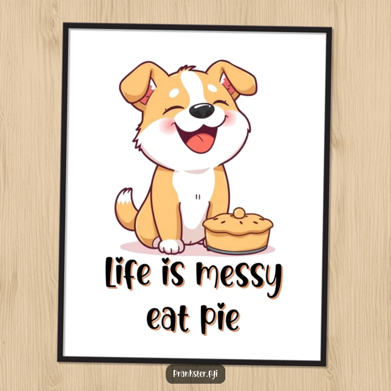 Funny Free Printable Wall Art: A giggling dog about to toss a pie, capturing a moment of pure, messy joy.